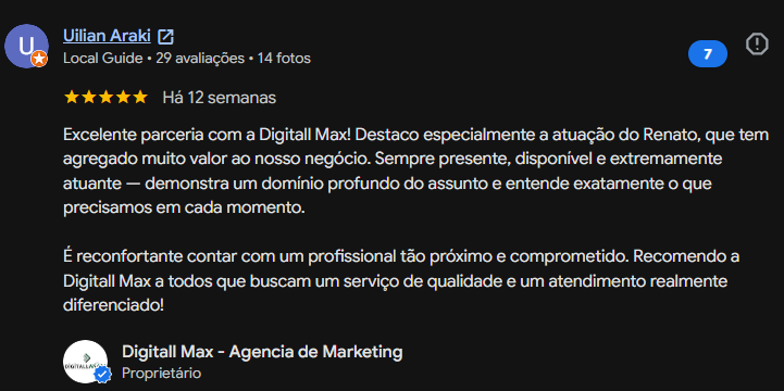 Avaliação de cliente 10 no Google